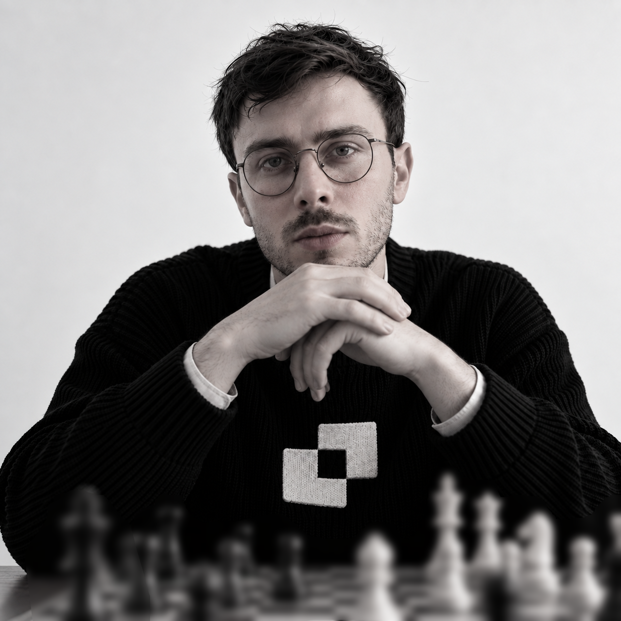 Samuel Malka, face caméra, devant un échiquier